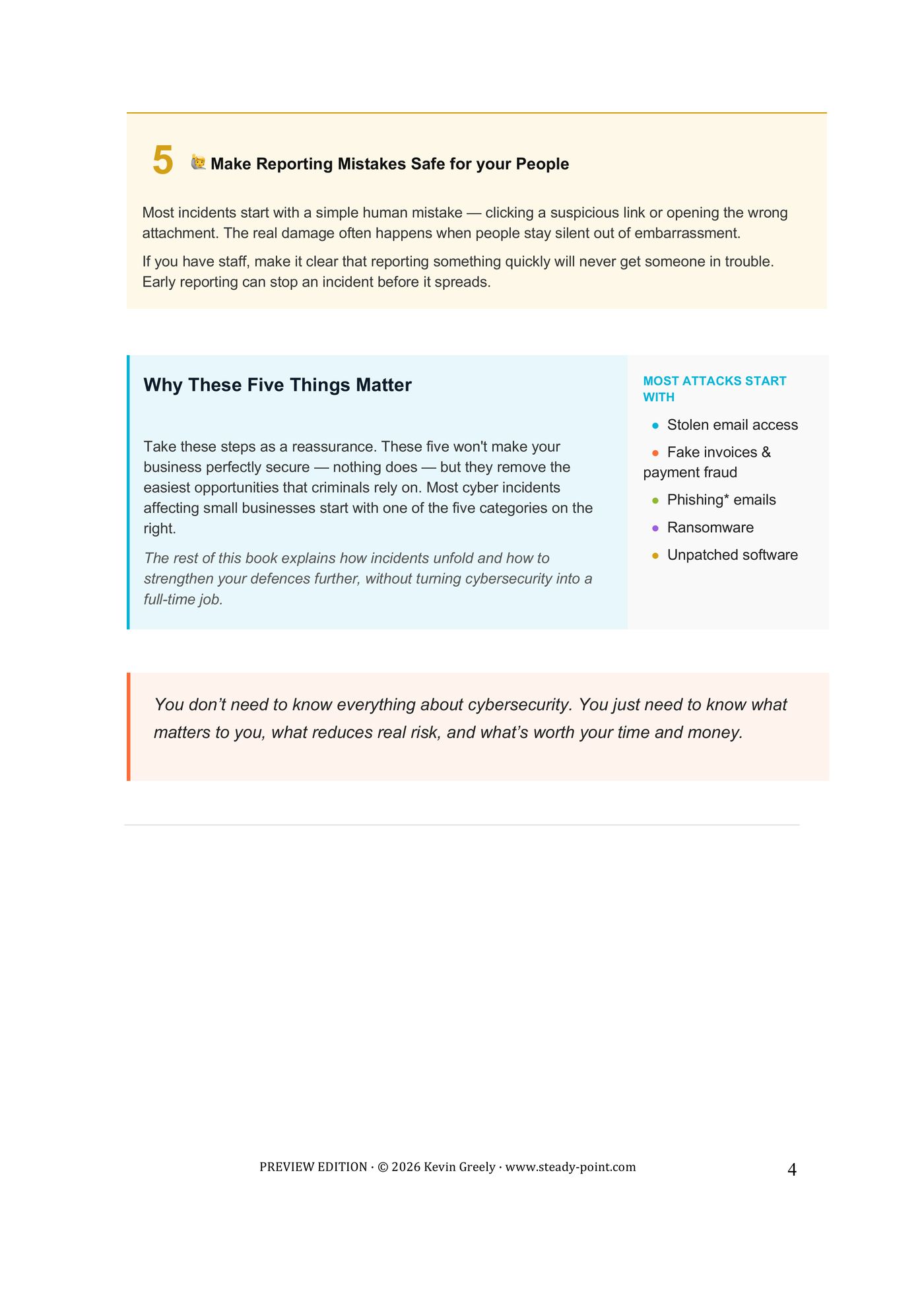 Page 4 of 11. The fifth thing, making it safe for staff to report mistakes, and why the five matter