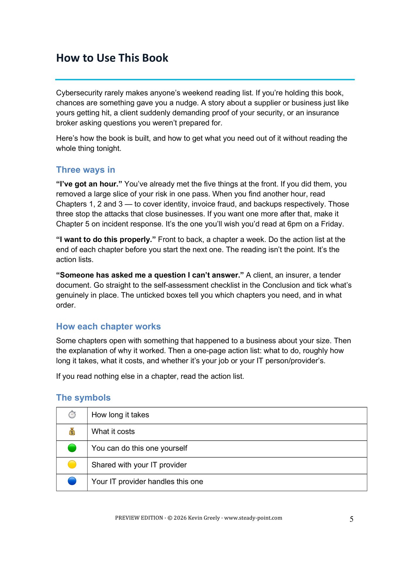 Page 5 of 11. How to Use This Book — three ways in, how each chapter is built, and the symbols used for time, cost and who does the work