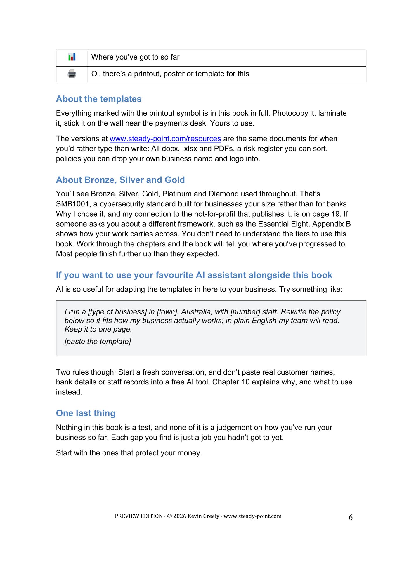 Page 6 of 11. The templates, what Bronze through Diamond mean, using an AI assistant alongside the book, and one last thing