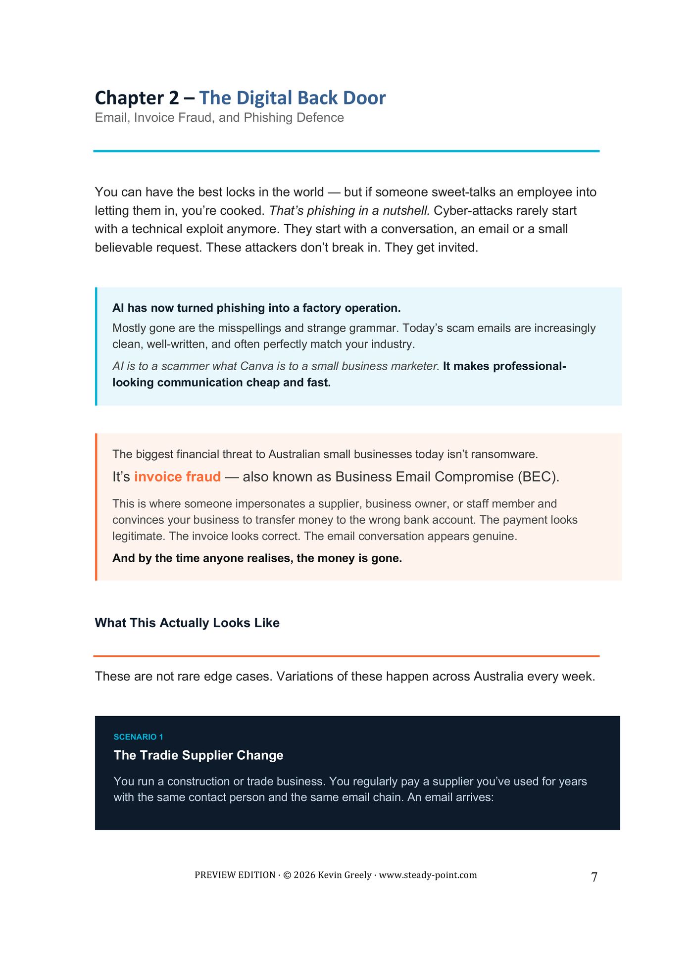 Page 7 of 11. Chapter 2, The Digital Back Door — why attacks now start with a conversation, and why invoice fraud costs more than ransomware