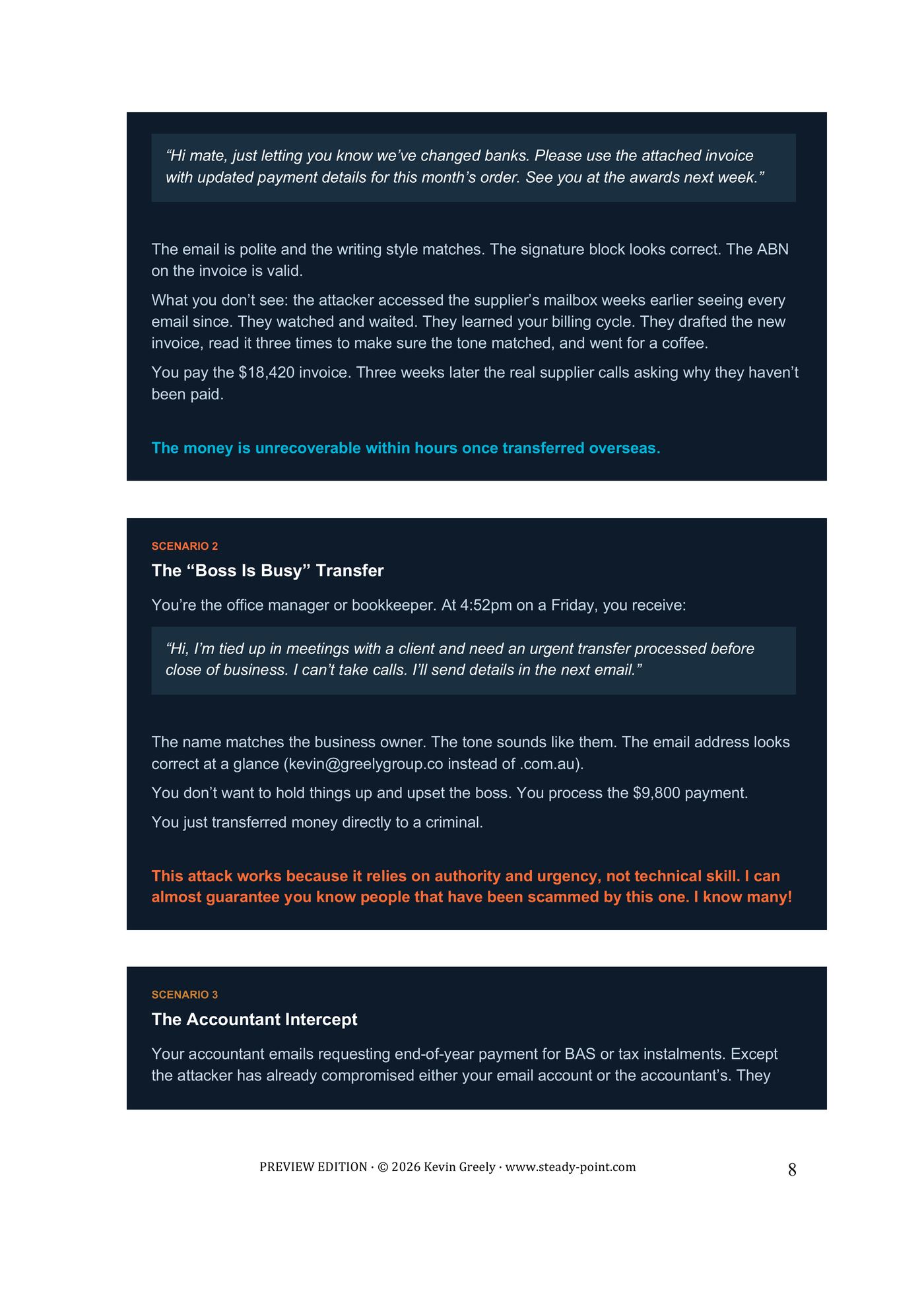 Page 8 of 11. Two worked scenarios: a supplier who says they have changed banks, and an urgent transfer request from the boss at 4:52 on a Friday