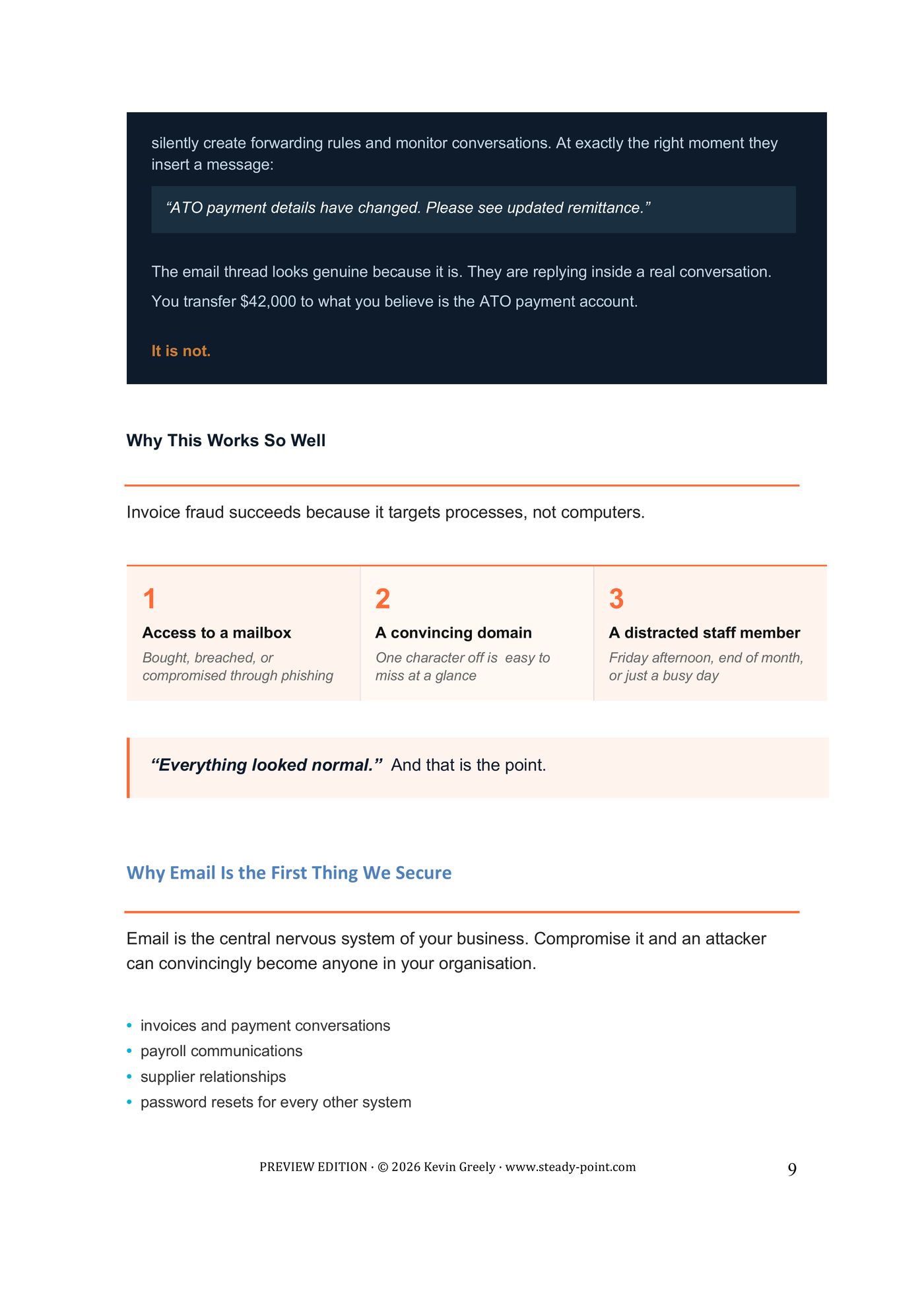 Page 9 of 11. Why invoice fraud works — a mailbox, a convincing domain and a distracted staff member — and why email is secured first